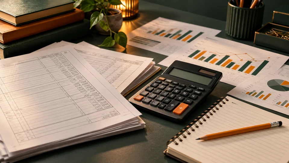 Accounting revision papers, notebook and calculator
