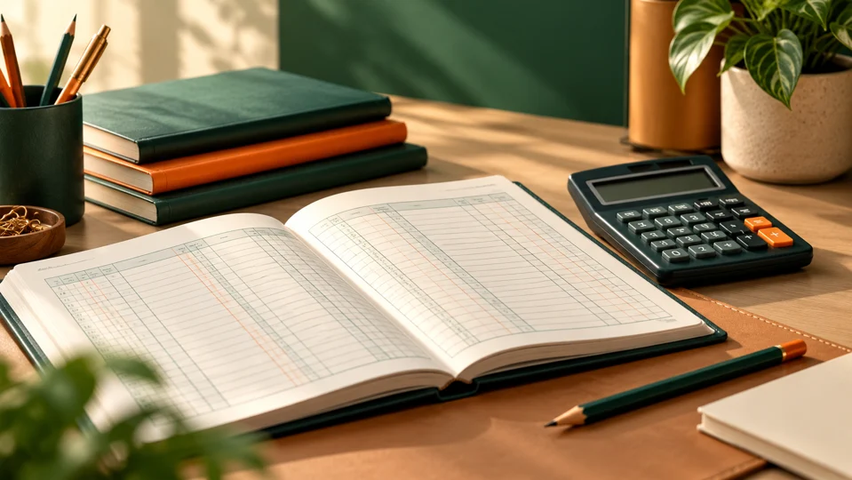 Accounting ledger, calculator and study books